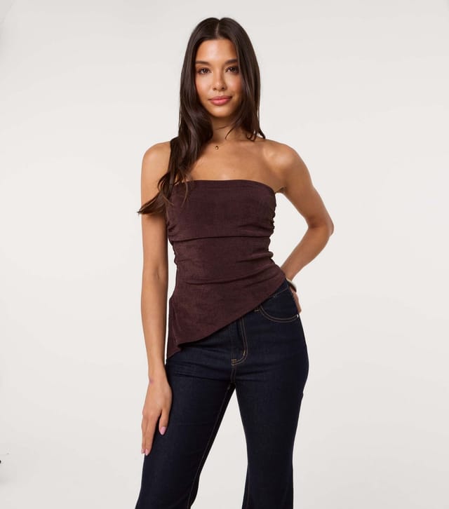 Pink Vanilla Women's Dark Brown Asymmetric Hem Bandeau Top Pink Vanilla New Look - 3