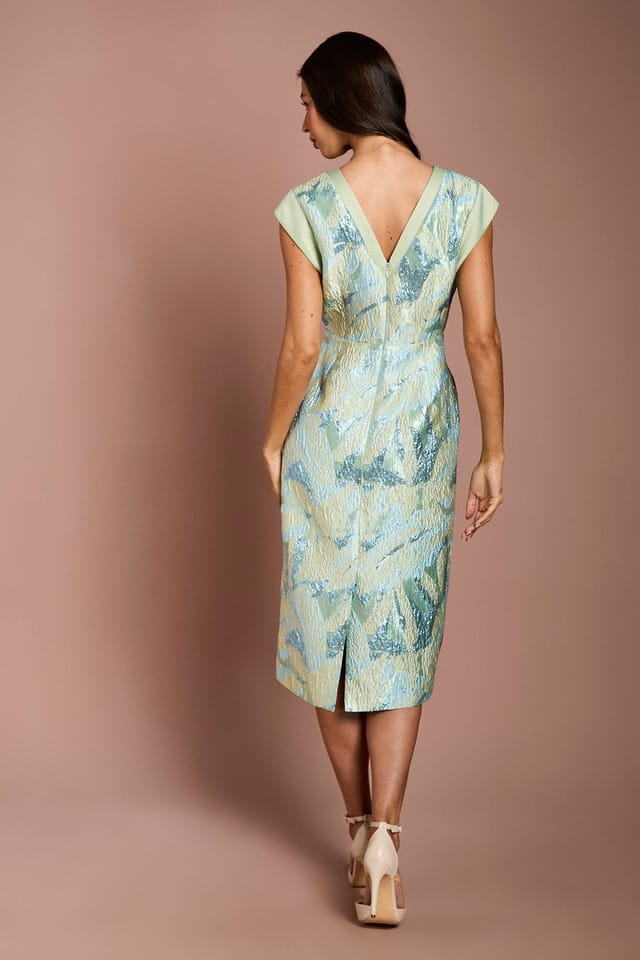 Coast Coast Women's V Neck Contrast Jacquard Pencil Dress in Sage - 3