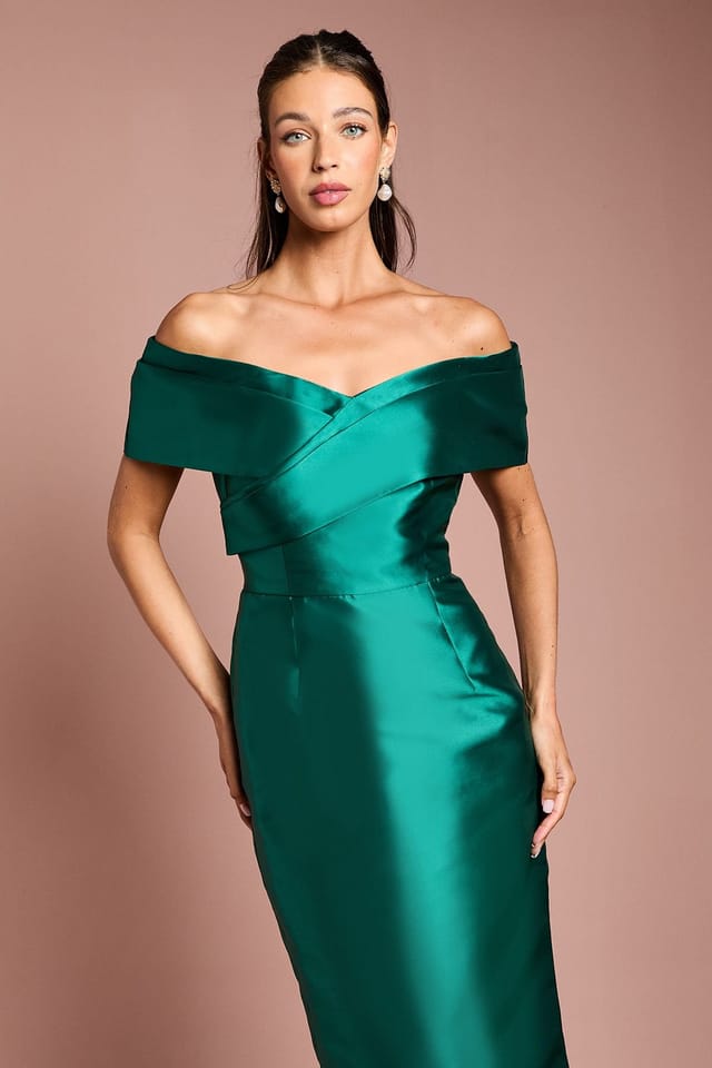 Coast Coast Women's Twill Bardot Pleat Detail Column Detail Maxi Bridesmaid Dress in Emerald - 2