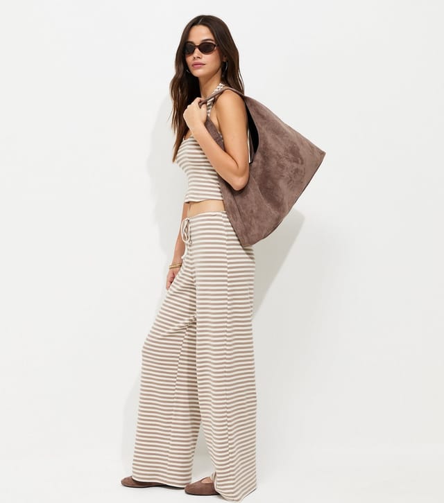 New Look Women's Brown Cotton Rich Striped Wide Leg Drawstring Trousers New Look - 3