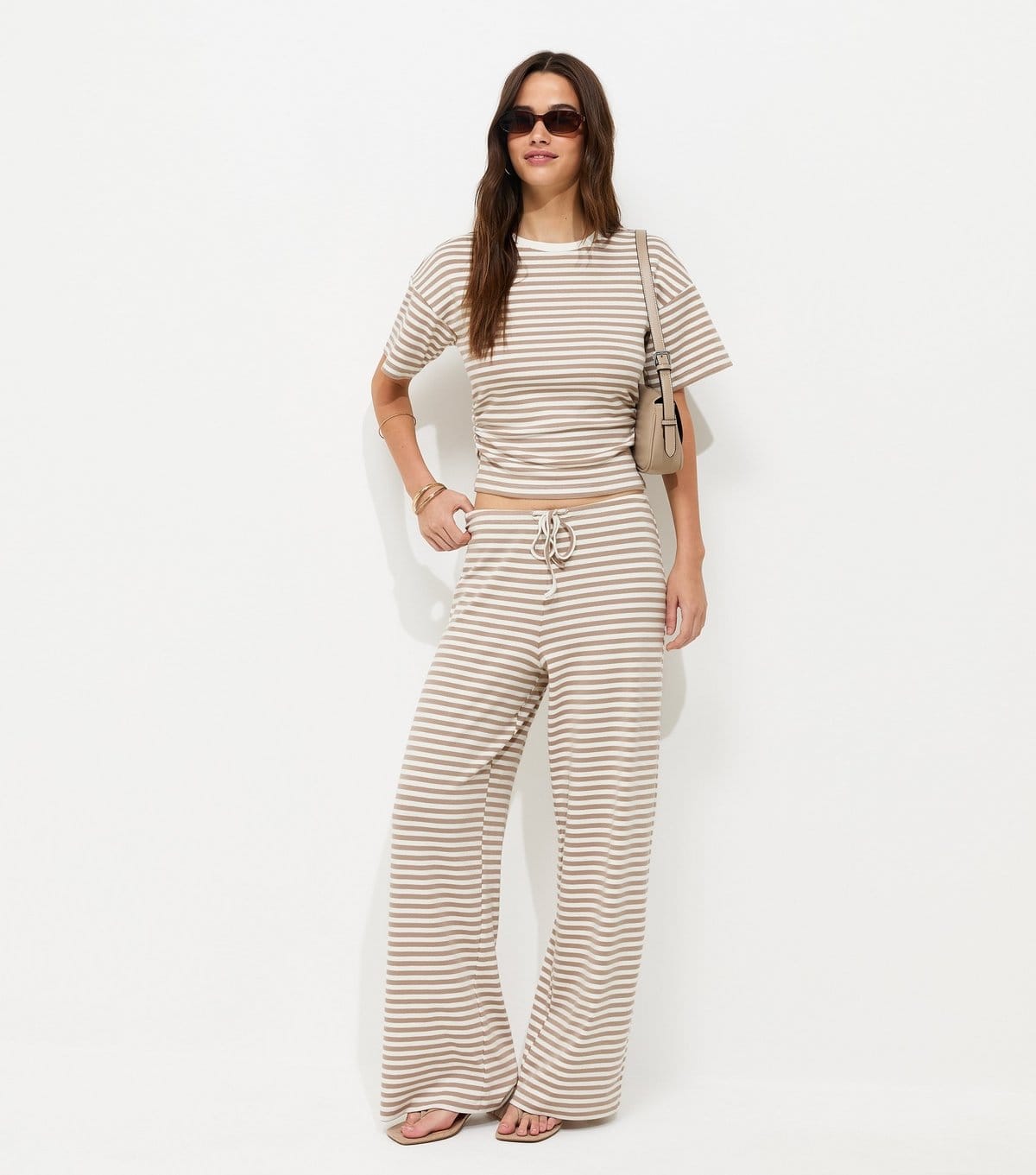New Look Women's Brown Cotton Rich Striped Wide Leg Drawstring Trousers New Look - 4