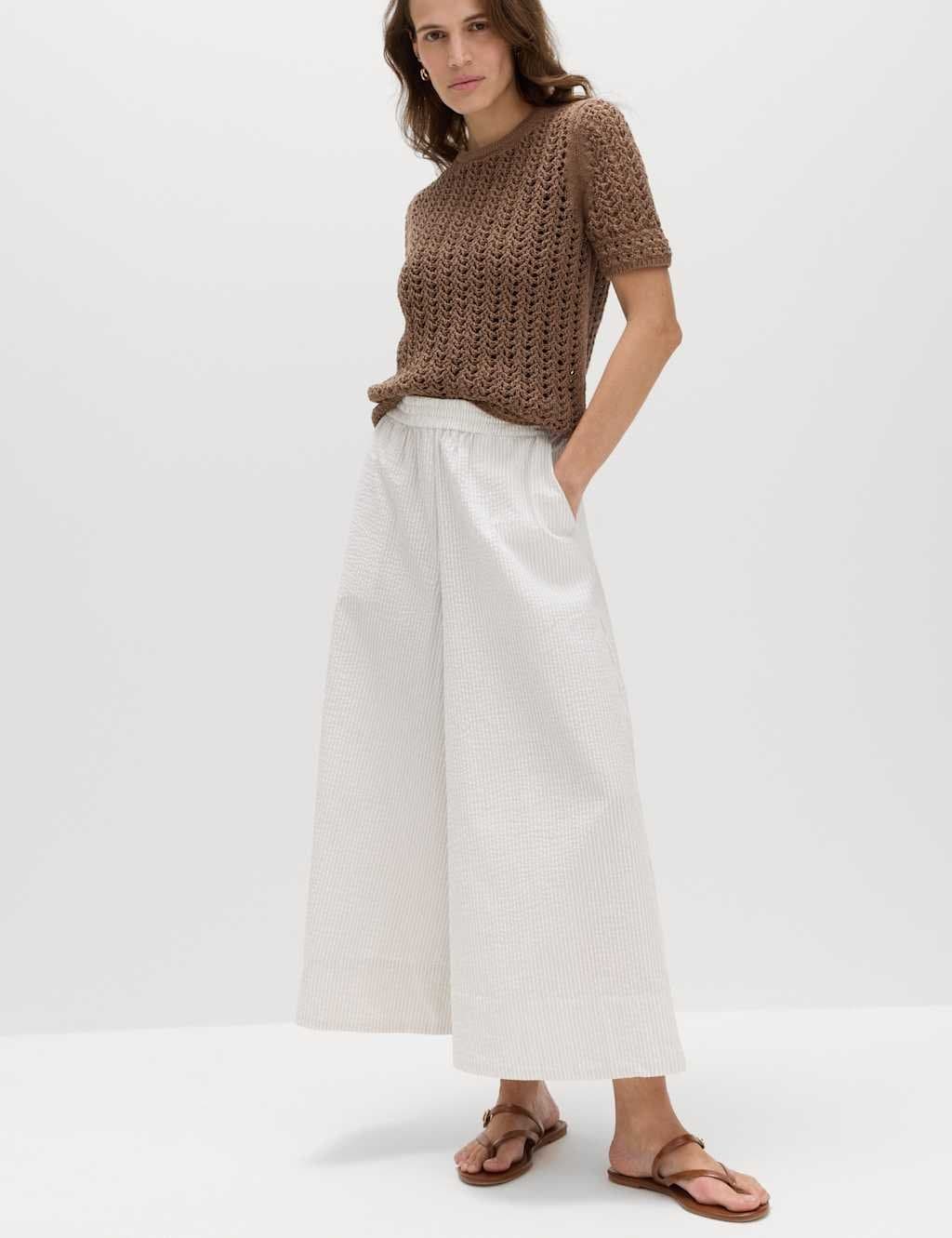 Marks & Spencer M&S Seersucker Cropped Palazzo Trousers White Mix