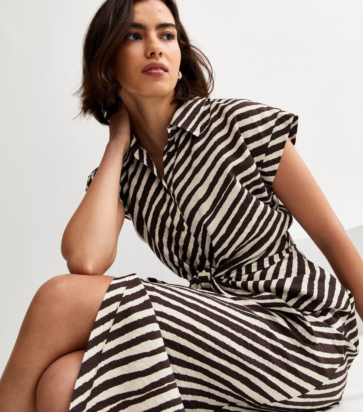 New Look Women's Brown Striped Tie Front Midi Shirt Dress New Look