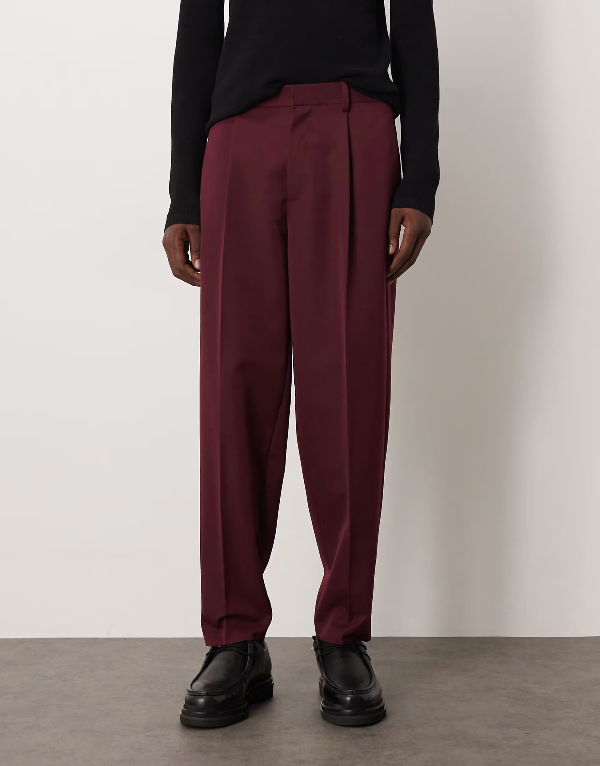 ASOS ASOS DESIGN smart pleated oversized tapered trousers in burgundy with elasticated waist