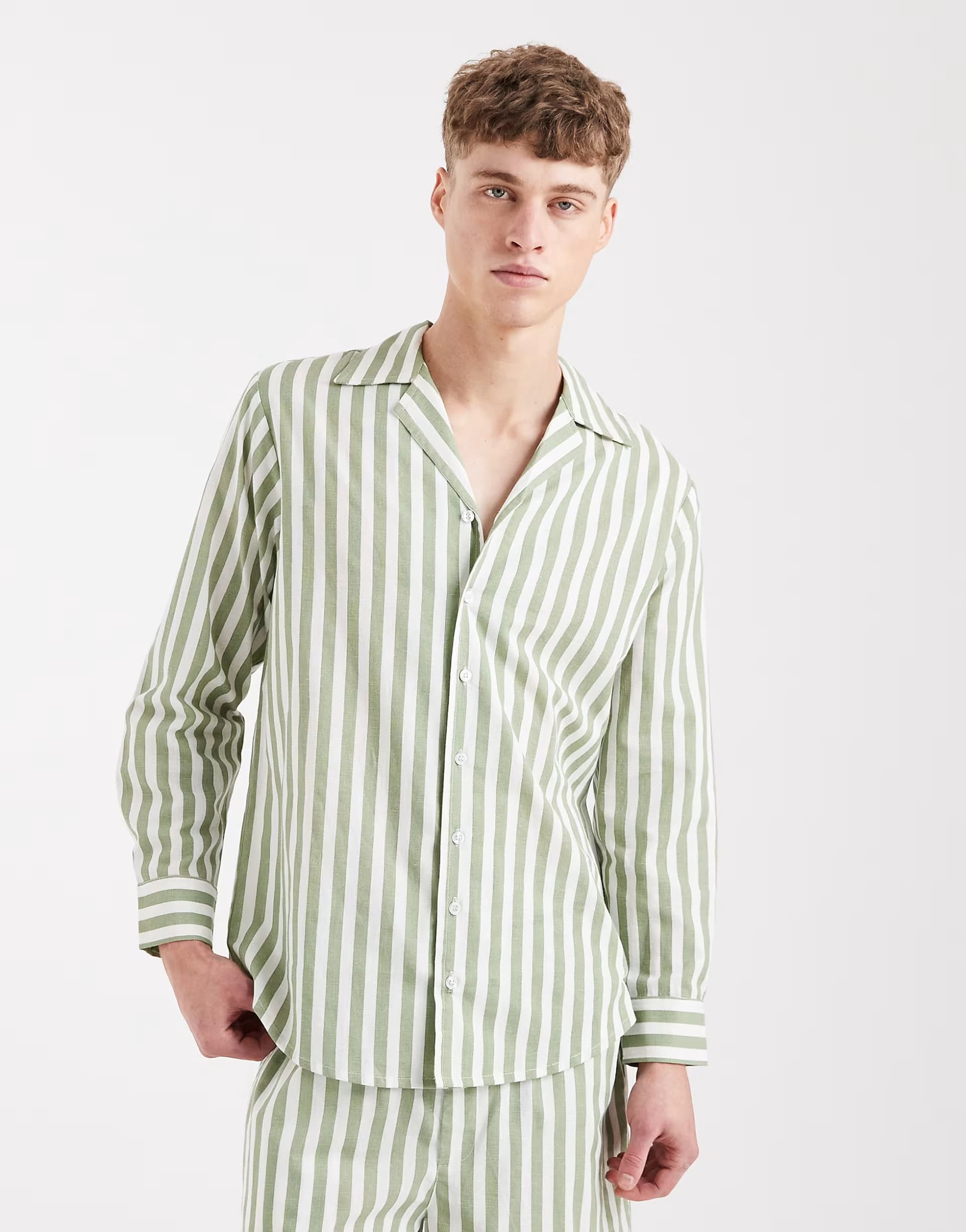 ASOS Sol Beach beach shirt co-ord in green and white stripe