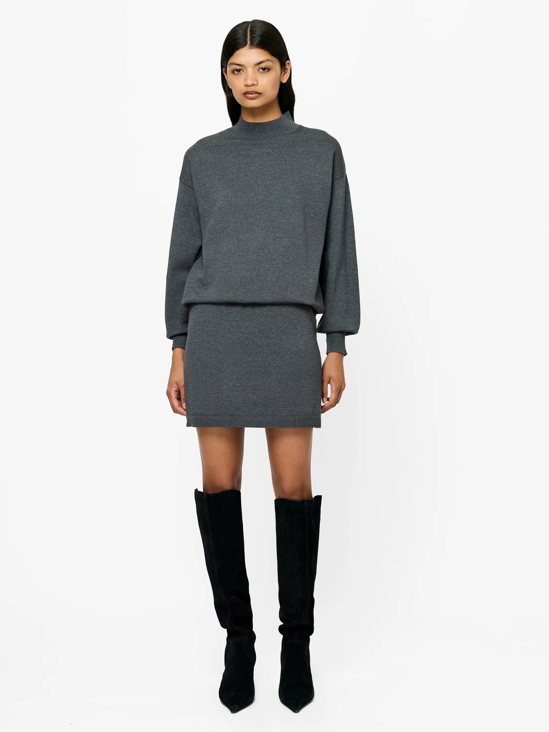 French Connection Cosysoft Dark Grey Knit Blouson Mini Dress Grey