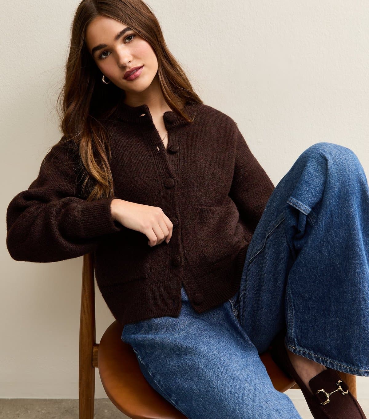 New Look New Look Dark Brown Crew Neck Knitted Cardigan