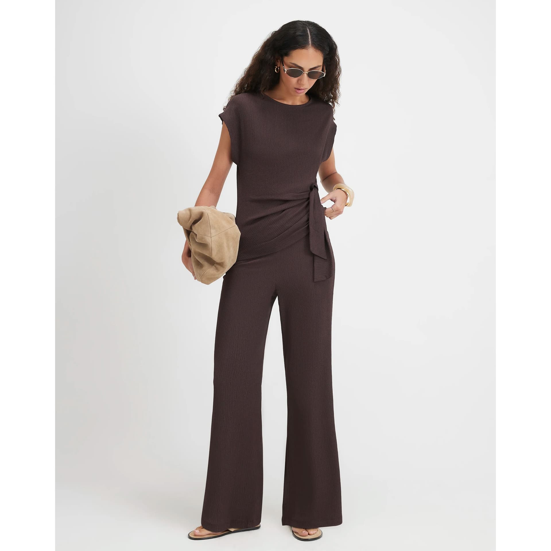 River Island River Island Womens Brown Textured Wide Leg Trousers