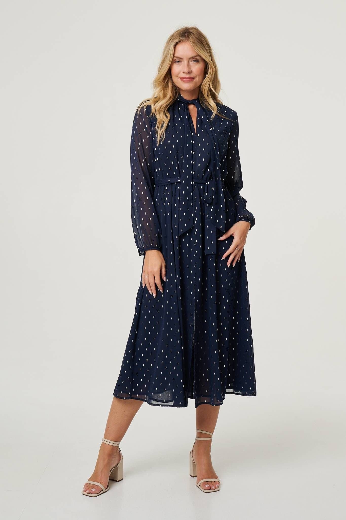 Izabel London Izabel London Women's Polka Dot Print Long Sleeve Midi Dress in Navy