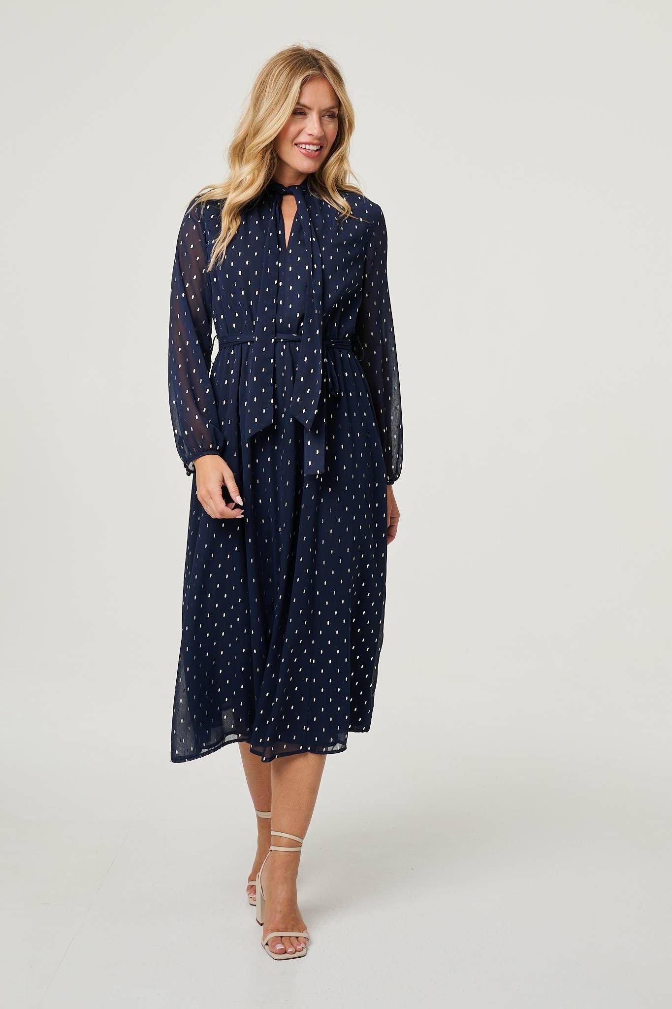Izabel London Izabel London Women's Polka Dot Print Long Sleeve Midi Dress in Navy - 2