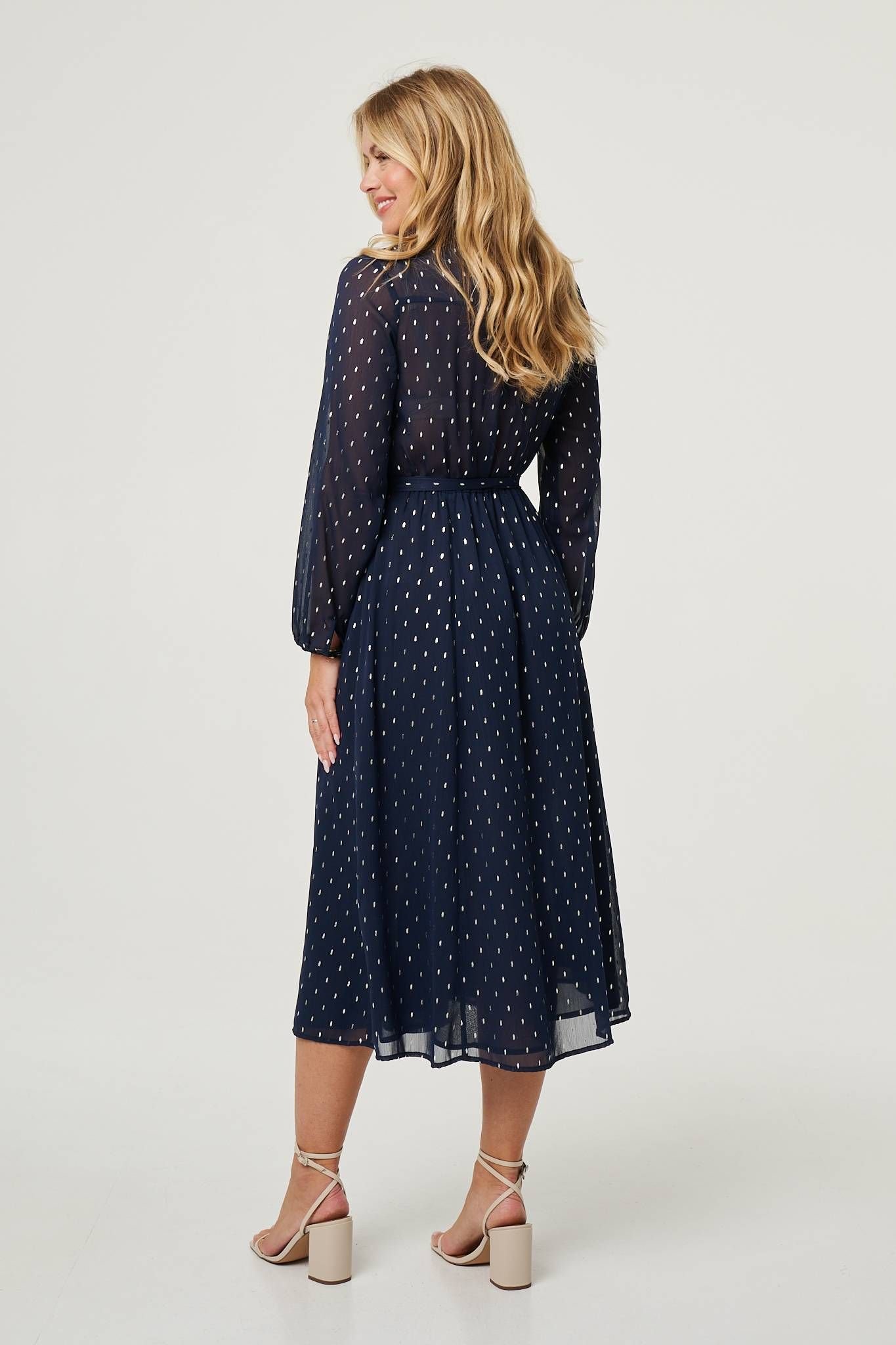 Izabel London Izabel London Women's Polka Dot Print Long Sleeve Midi Dress in Navy - 3