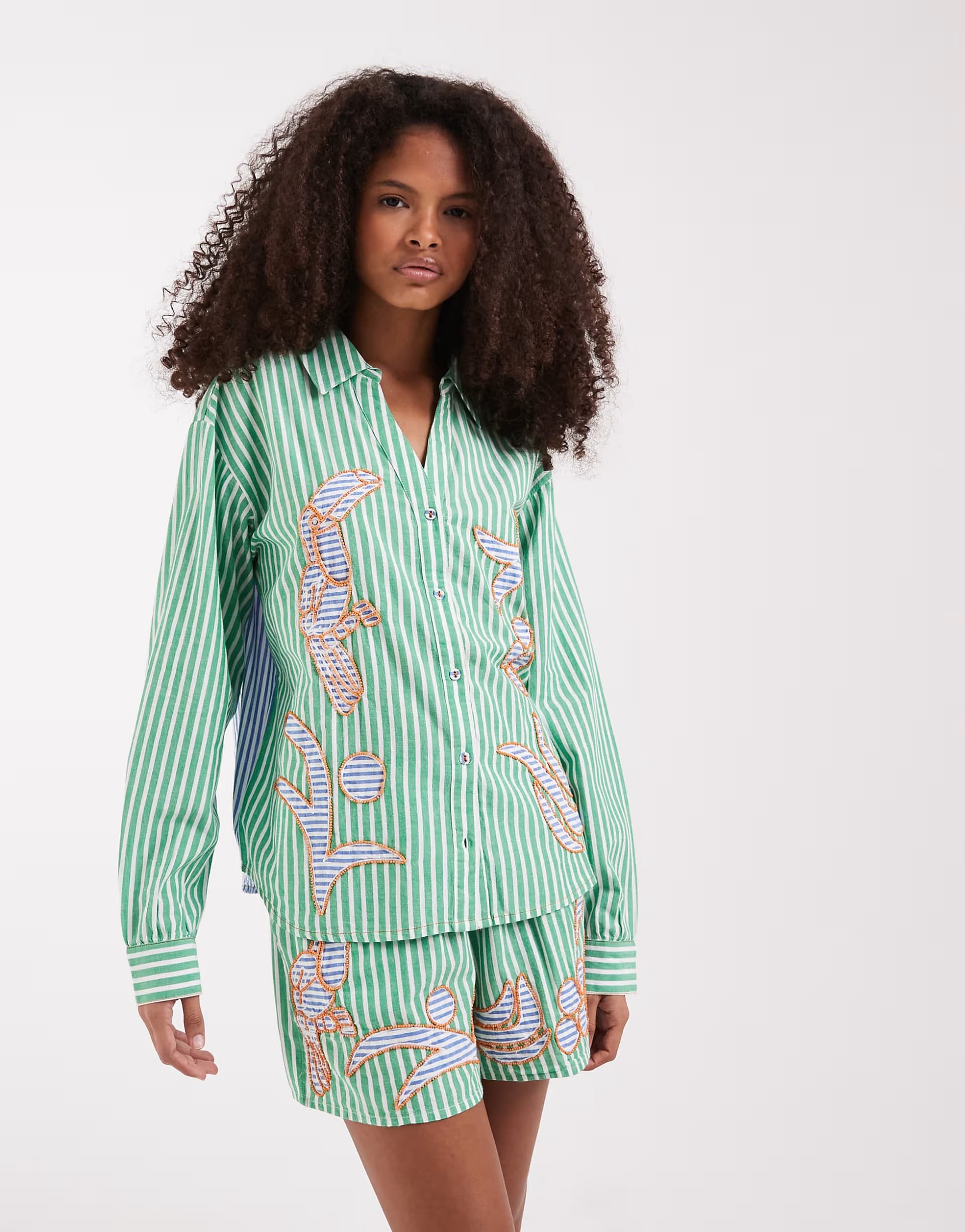 ASOS River Island striped toucan embellished shirt in green