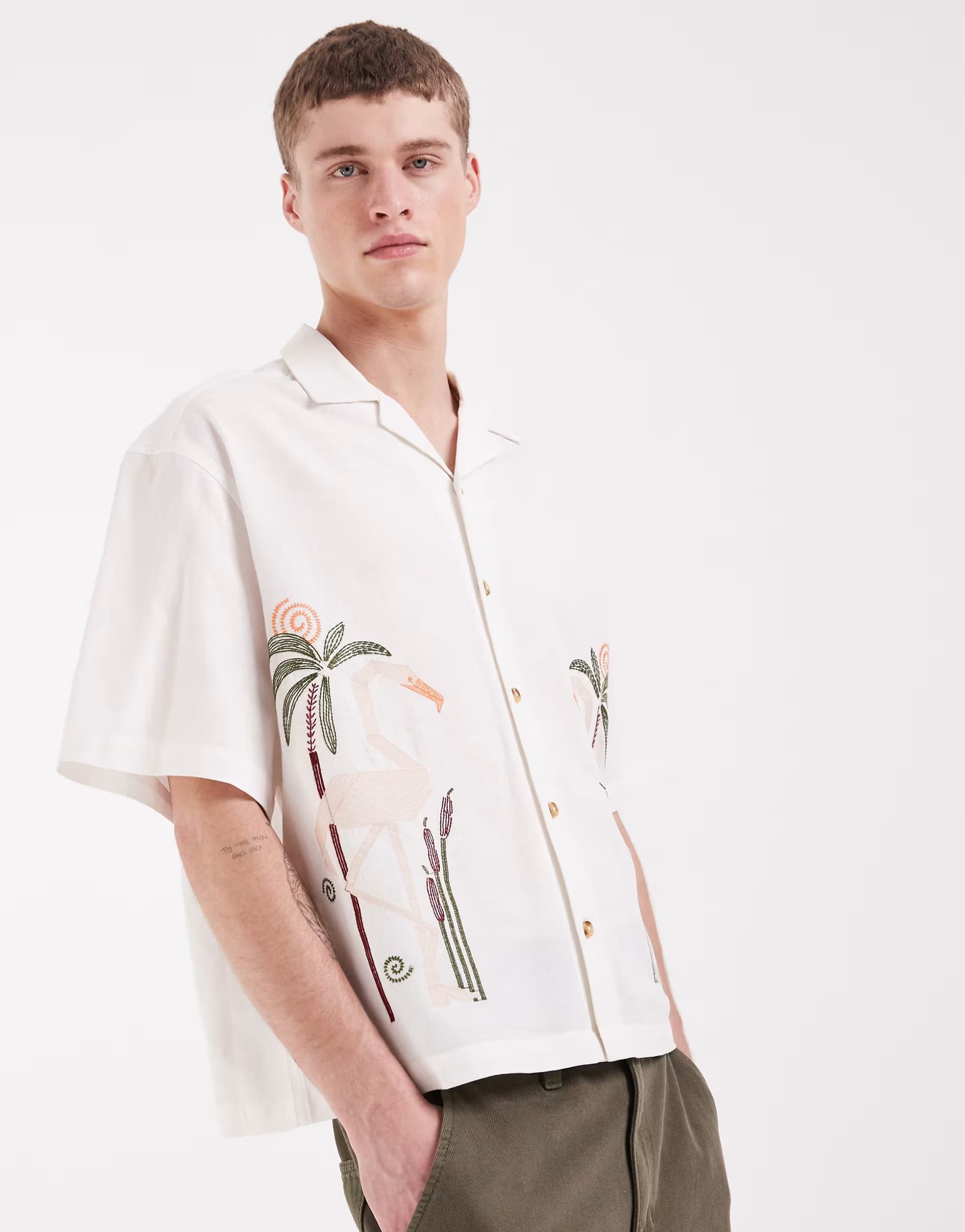 ASOS ASOS DESIGN boxy oversized shirt with embroidery in beige