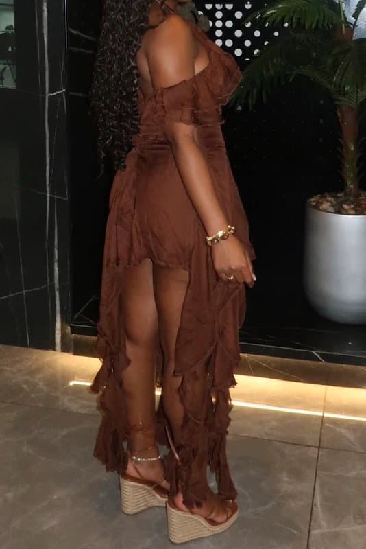 ASOS ASOS Luxe halter neck chiffon playsuit with ruffle detail in chocolate