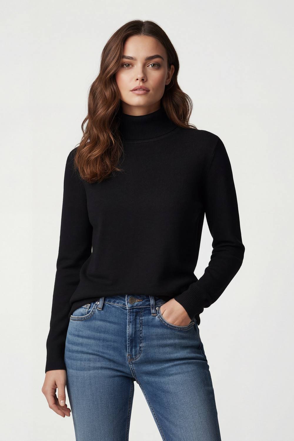 lands end Lands' End Women's Fine Gauge Cotton Roll Neck Jumper in Black - 2