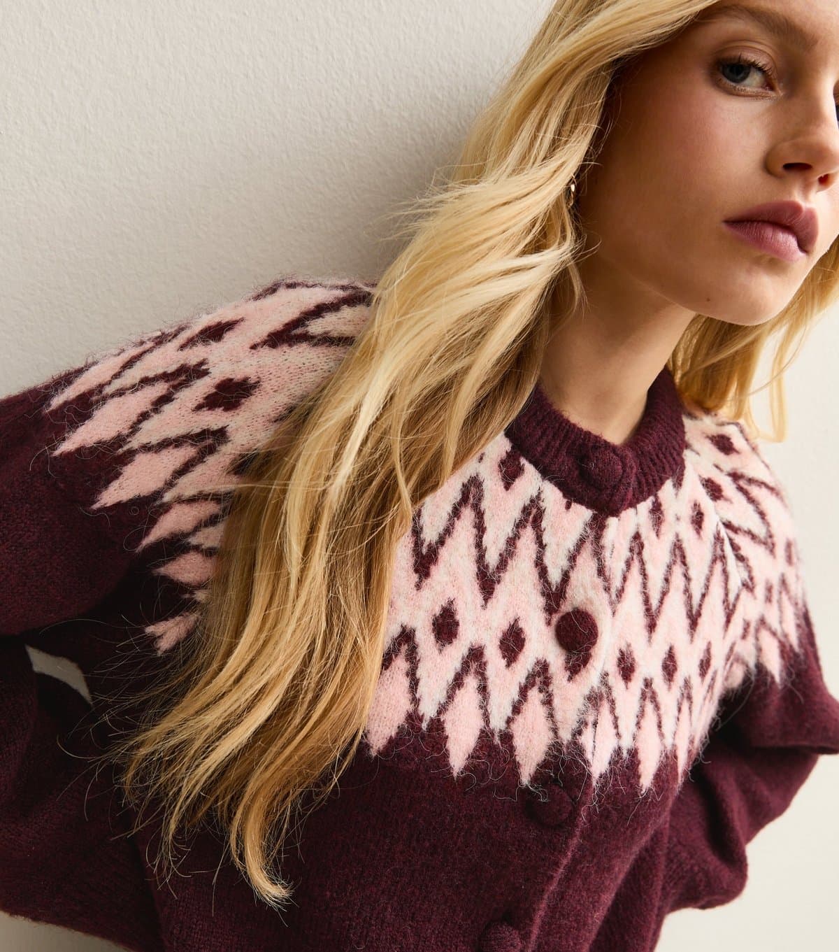 New Look Women's Red Fairisle Crew Neck Cardigan New Look