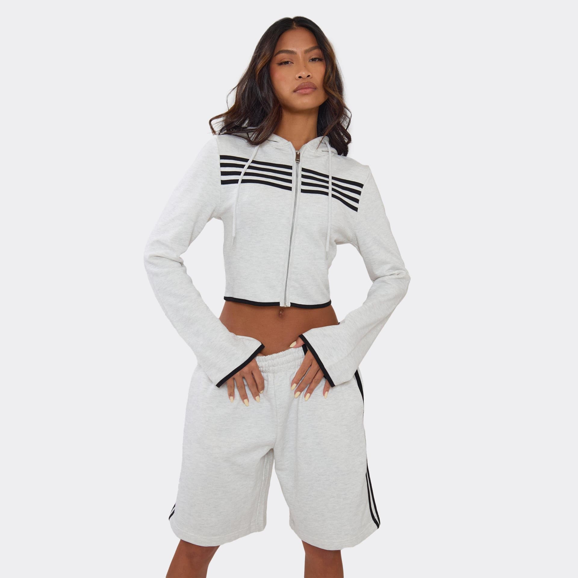 EGO Long Flared Sleeve Stripe Detail Zip Up Hoodie In Light Grey Marl, Women's Size UK 6