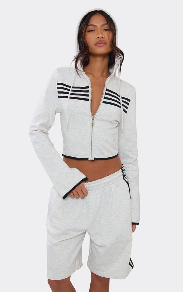 EGO Long Flared Sleeve Stripe Detail Zip Up Hoodie In Light Grey Marl, Women's Size UK 6 - 2
