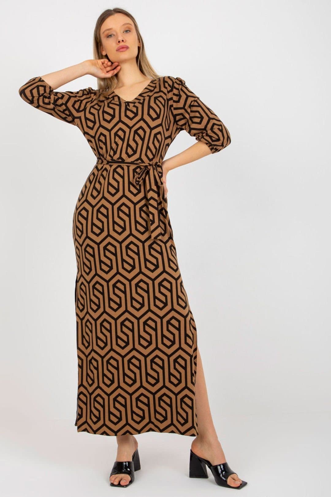 Love Lace Love Lace Women's Long Heart Neckline Tie Belt Dress with Slits in Brown