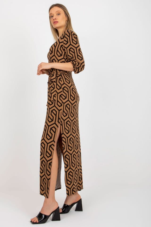 Love Lace Love Lace Women's Long Heart Neckline Tie Belt Dress with Slits in Brown - 2
