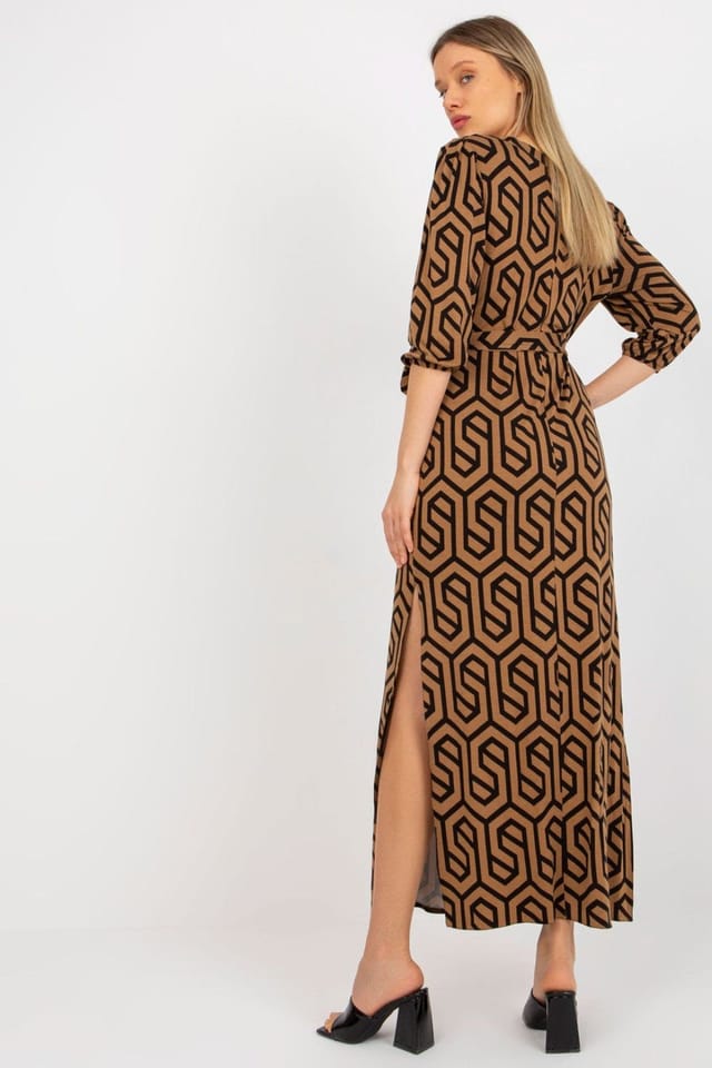 Love Lace Love Lace Women's Long Heart Neckline Tie Belt Dress with Slits in Brown - 3