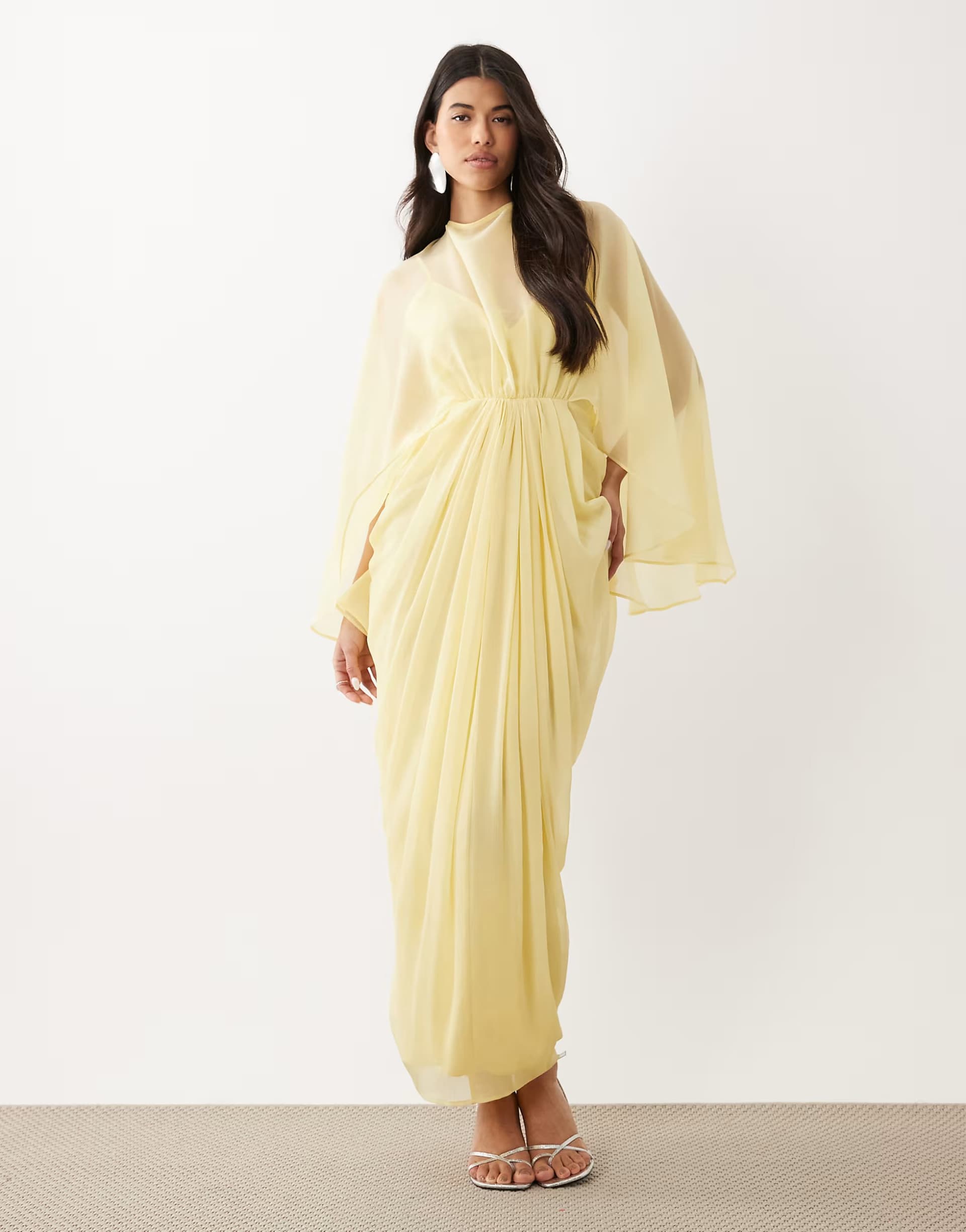 ASOS ASOS DESIGN draped cape bodice with skirt and open back with tassel detail maxi dress in yellow