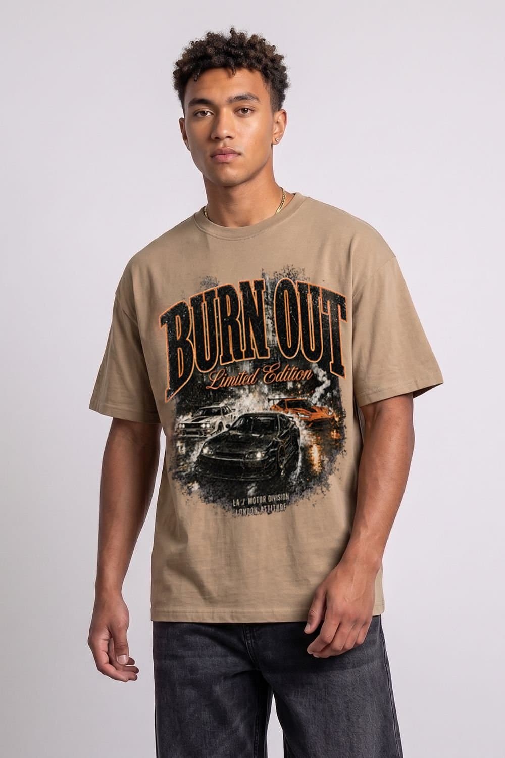 LONDON ATTITUDE LONDON ATTITUDE Men's Burn Out Limited Edition Oversized Heavyweight Graphic T-Shirt in Light Sand