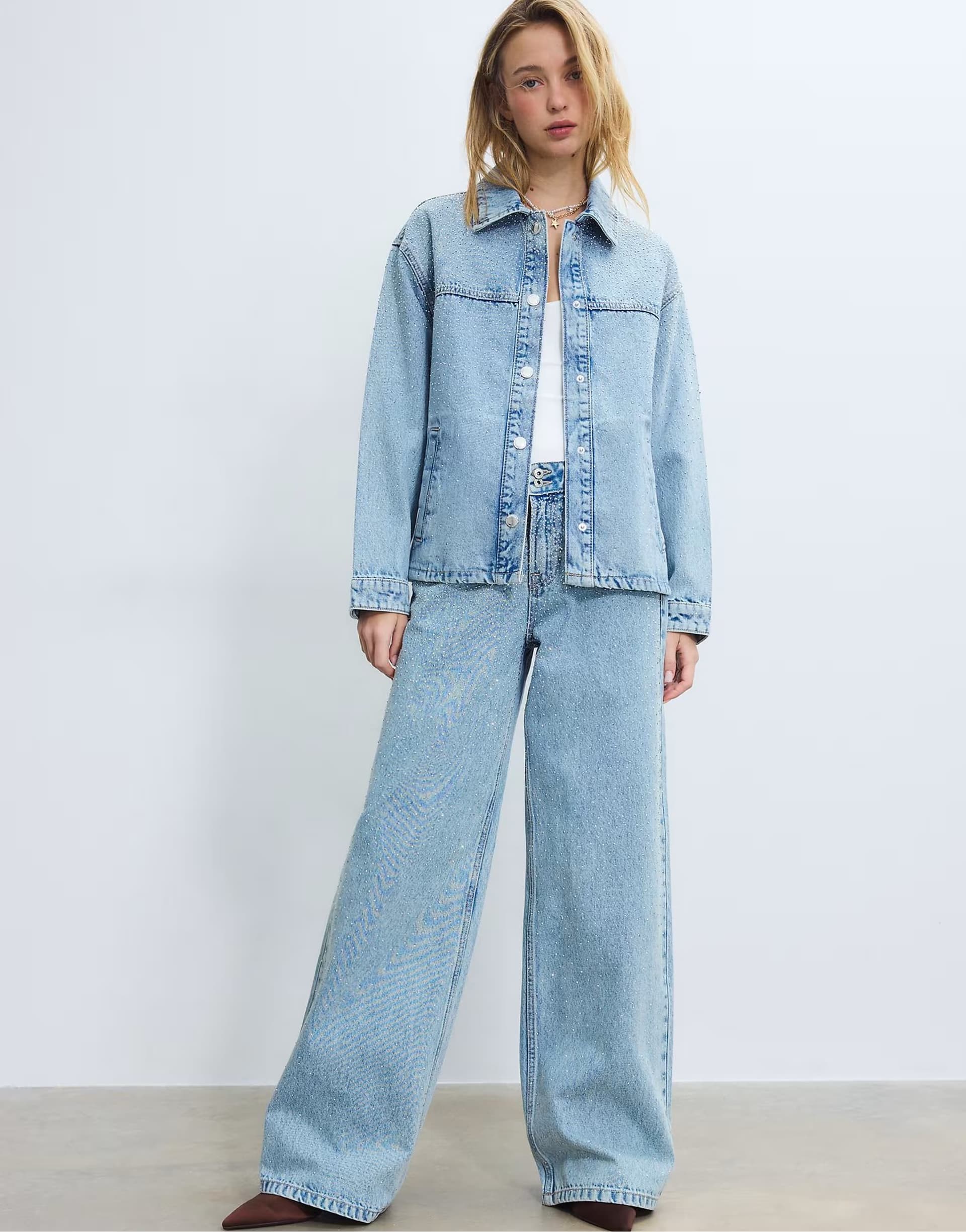 ASOS Stradivarius denim rhinestone co-ord in medium light blue denim