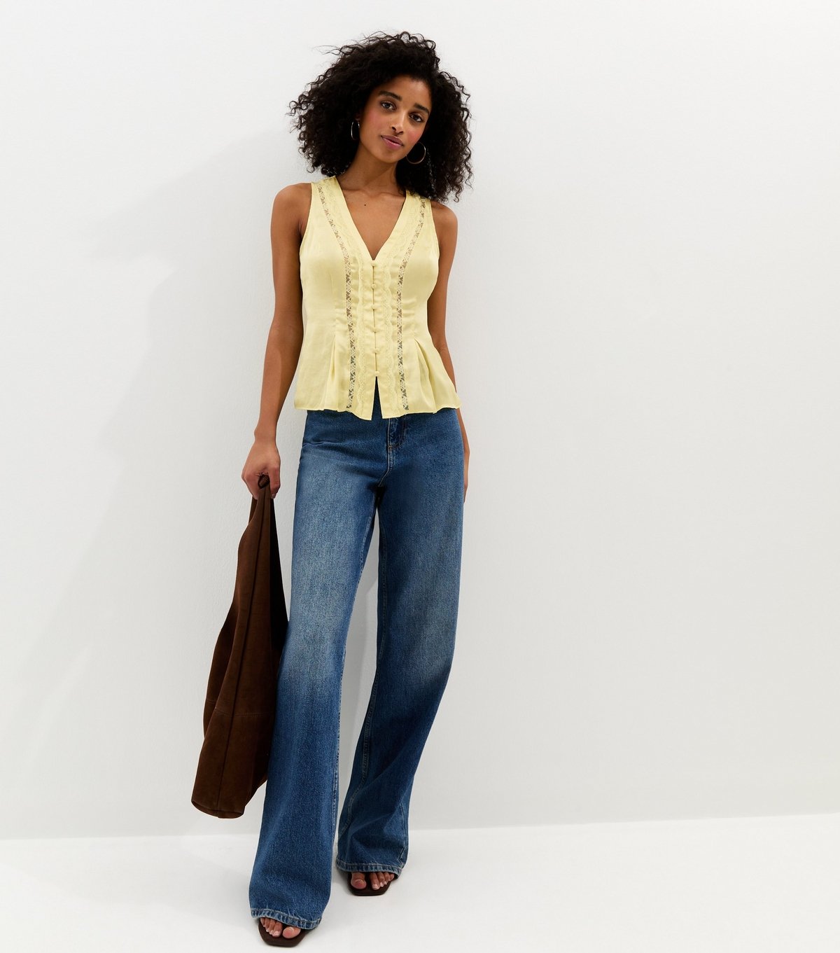 New Look Women's Yellow Satin Lace Trim Top New Look - 3