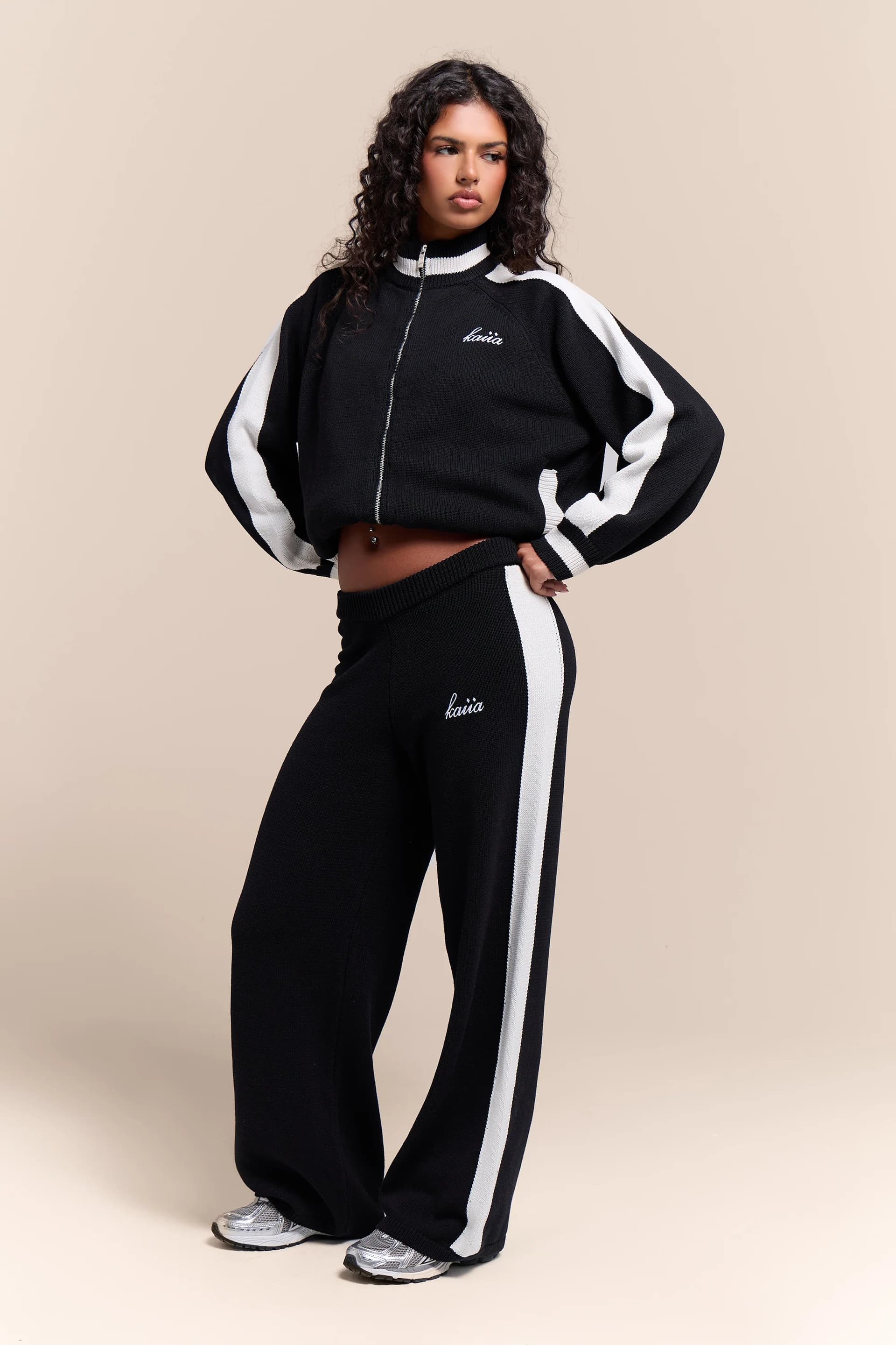 Kaiia Kaiia Knit Sport Stripe Wide Leg Trousers Black & White