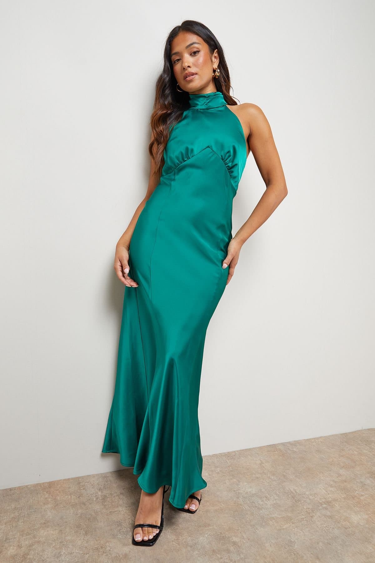 Oasis Oasis Women's Petite Satin Halterneck Bias Midi Dress in Green