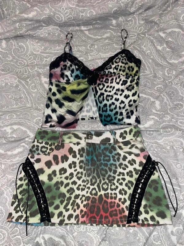 edikted Rainbow leopard denim co ord