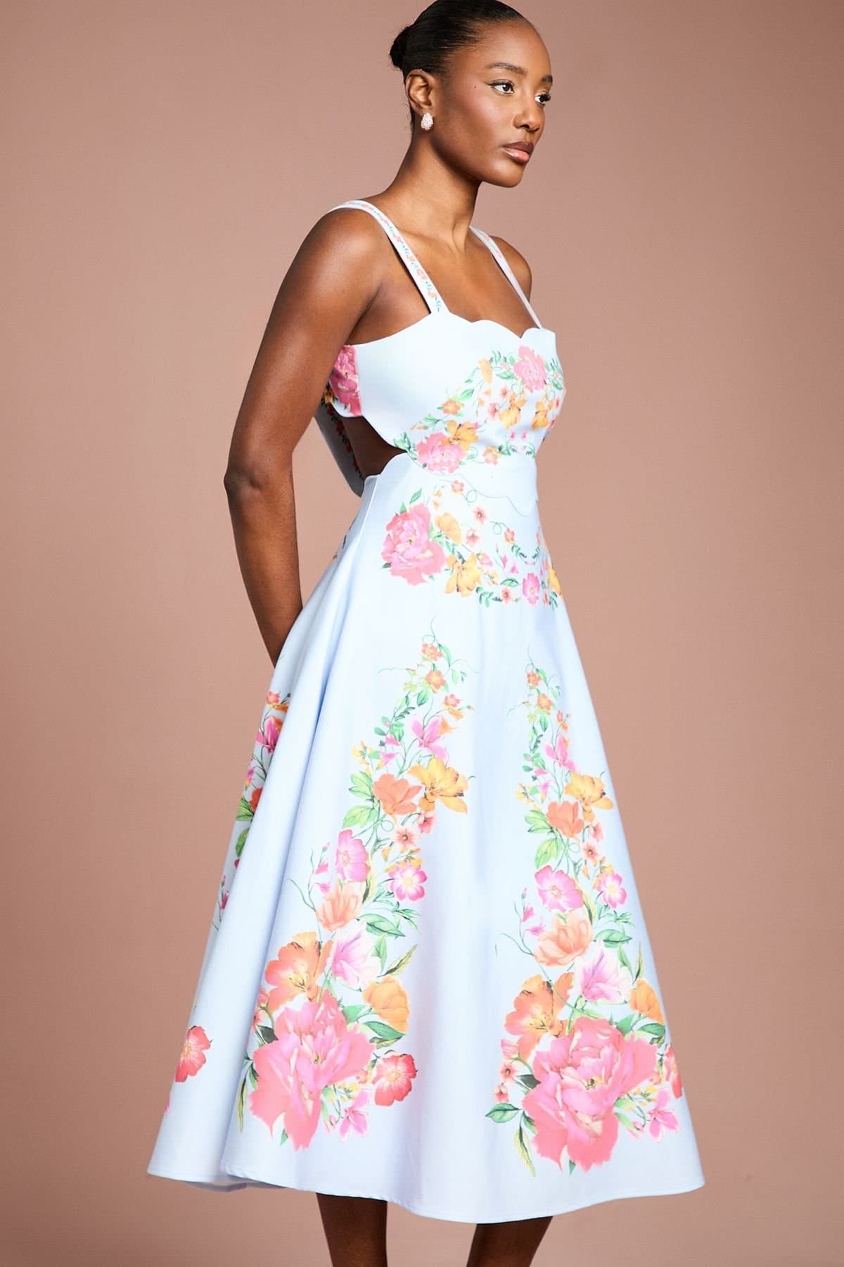 Coast Coast Women's Square Neck Floral Placement Print Full Skirted Cotton Dress in Pale Blue