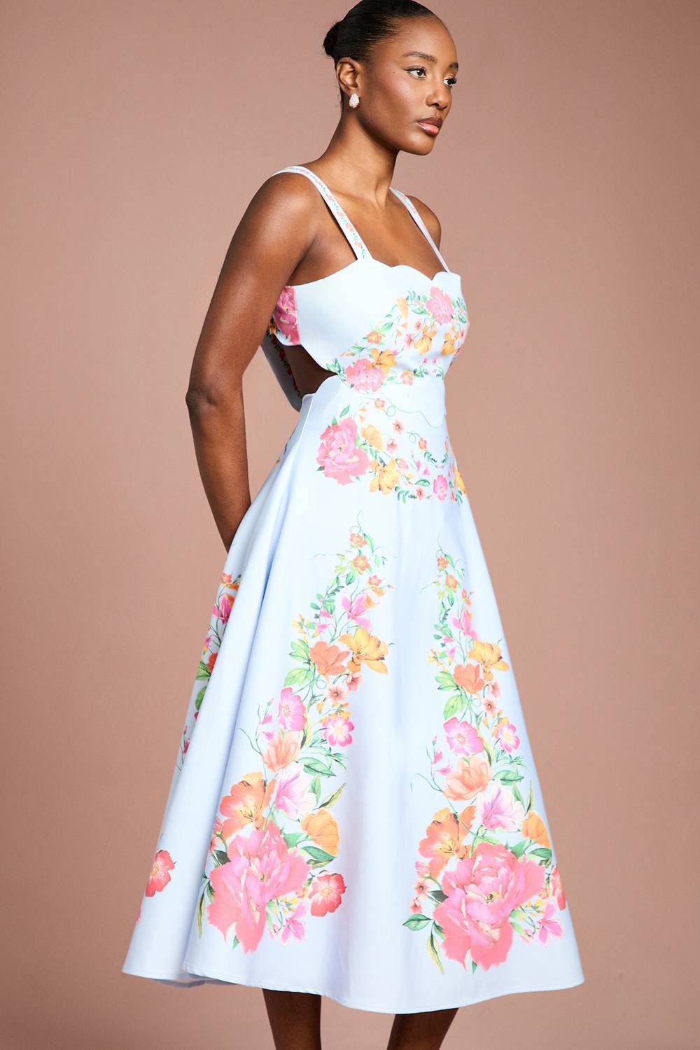 Coast Coast Women's Square Neck Floral Placement Print Full Skirted Cotton Dress in Pale Blue - 2