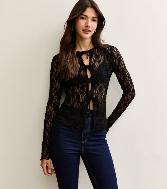 New Look Women's Black Lace Tie Front Long Sleeve Top New Look - 2