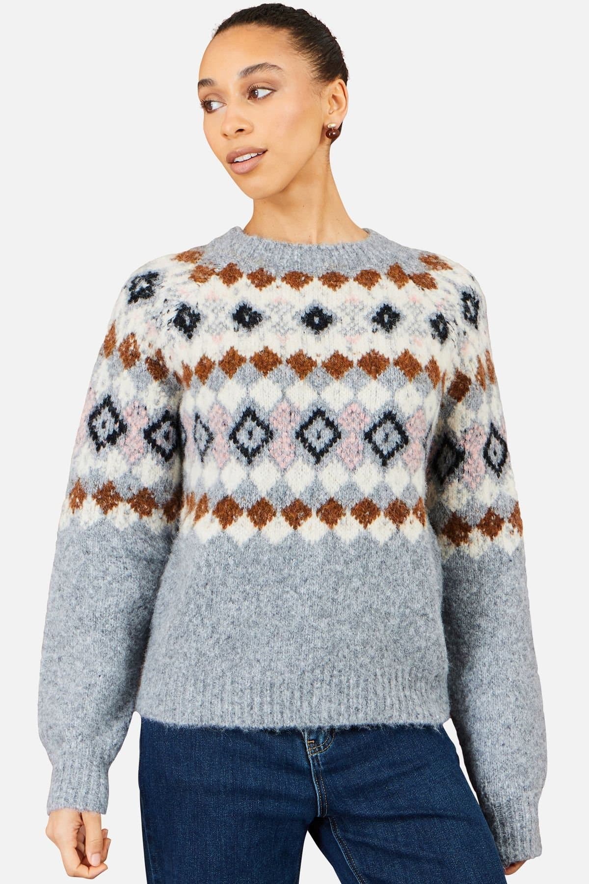 Yumi Yumi Women's Fairisle Wool Blend Relaxed Jumper in Light Grey