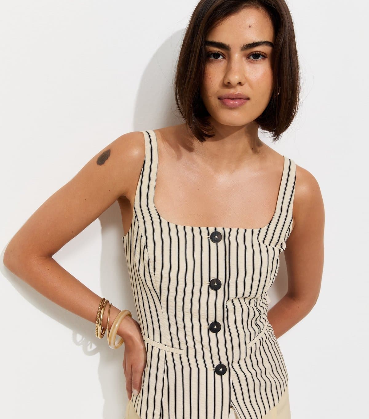 New Look Women's Cream Stripe Cami Strap Waistcoat New Look