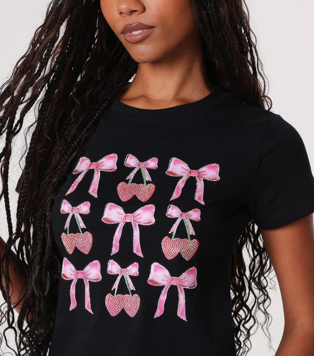 Pink Vanilla Women's Black Diamante Bow T-Shirt Pink Vanilla New Look - 3