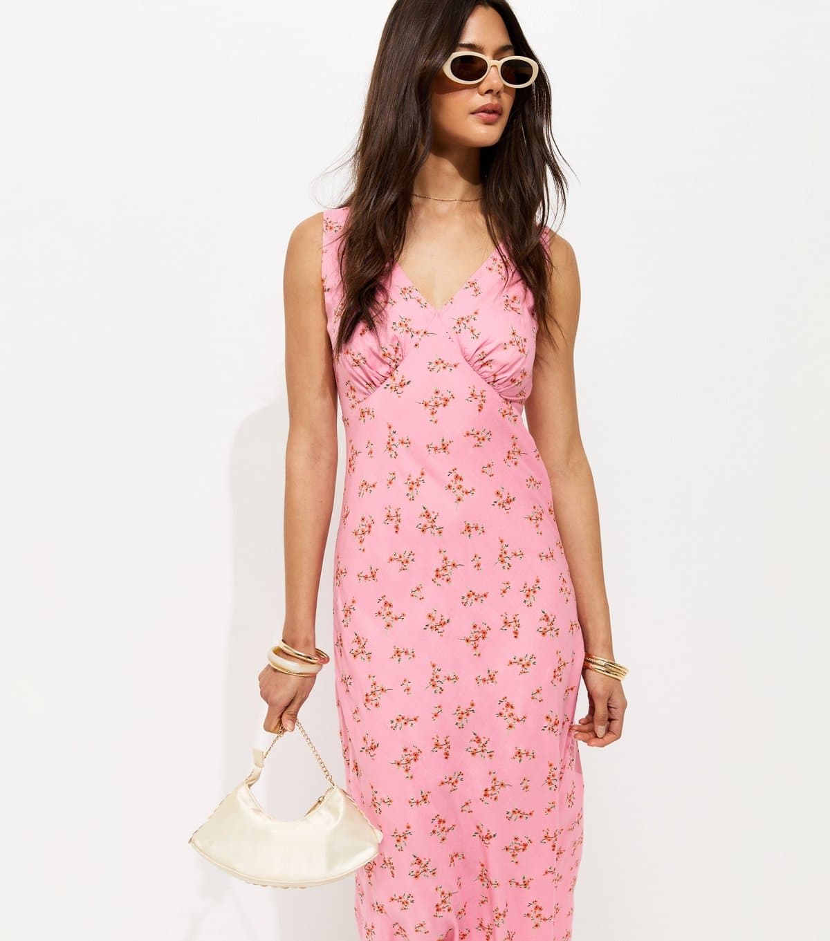 New Look Women's Pink Floral Print V-Neck Bias Cut Midi Dress New Look
