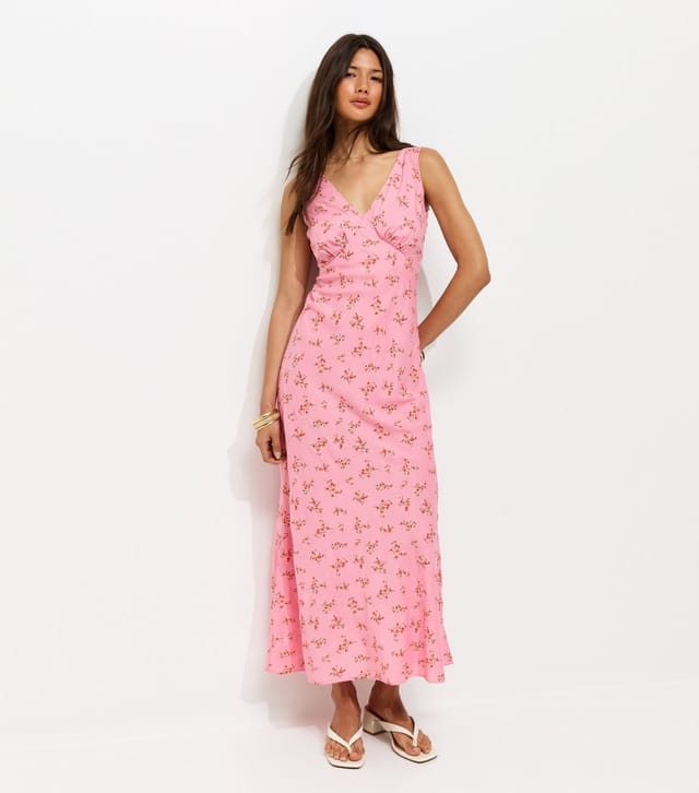 New Look Women's Pink Floral Print V-Neck Bias Cut Midi Dress New Look - 2