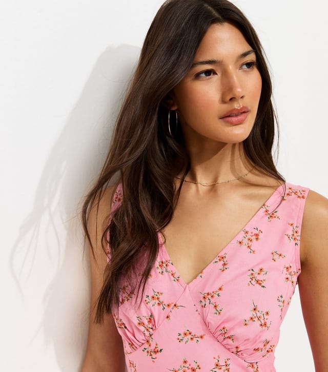 New Look Women's Pink Floral Print V-Neck Bias Cut Midi Dress New Look - 3