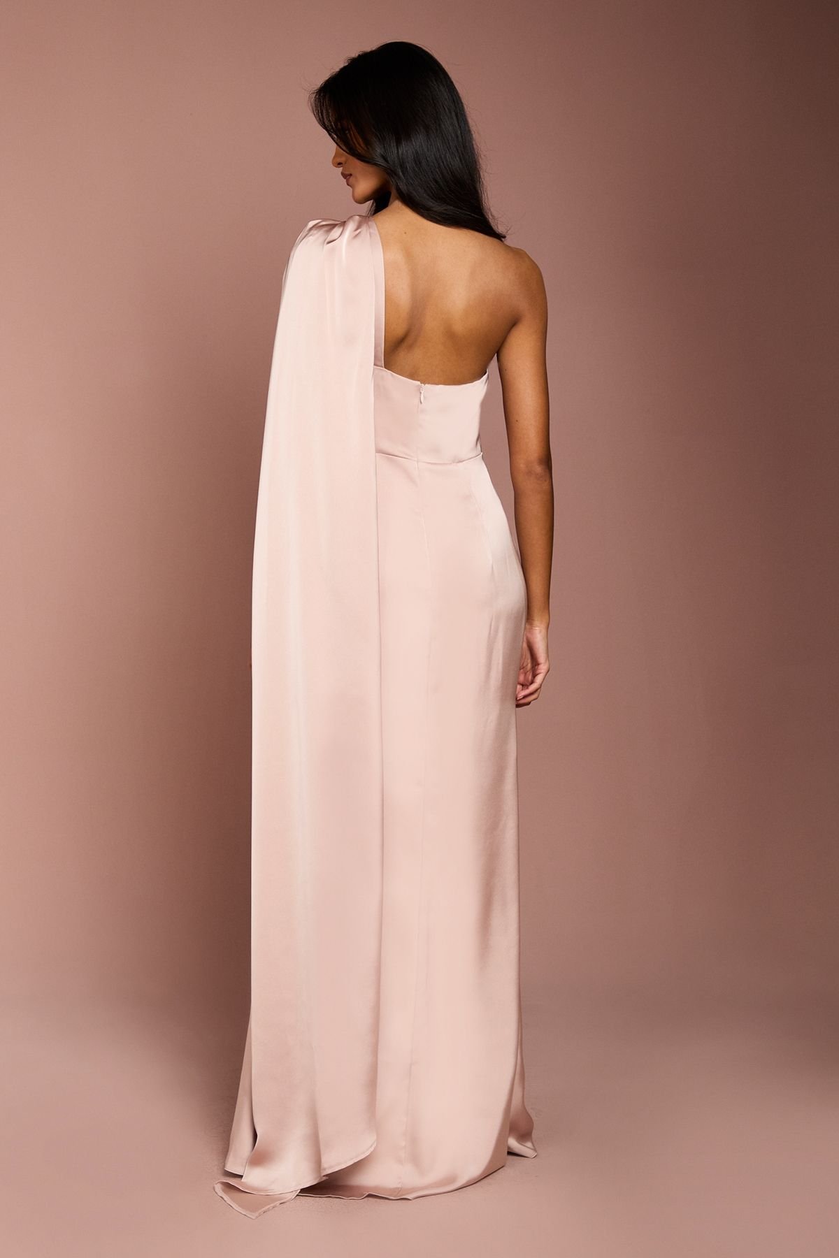 Coast Coast Women's Honoured Petite Drape One Shoulder Satin Maxi Bridesmaid Dress in Mocha - 3