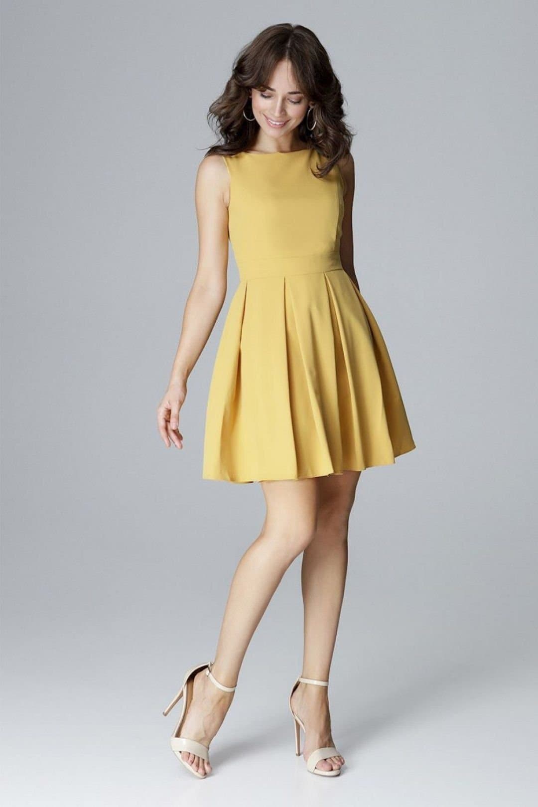 Love Lace Love Lace Women's Cocktail Sleeveless Low Neck Flared Folds Dress in Yellow