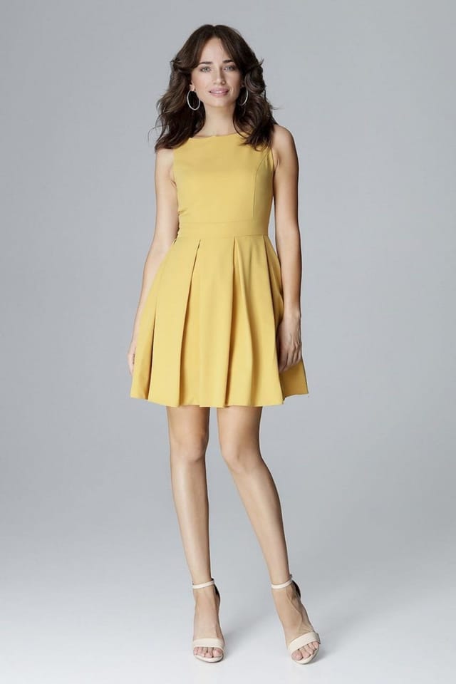 Love Lace Love Lace Women's Cocktail Sleeveless Low Neck Flared Folds Dress in Yellow - 2