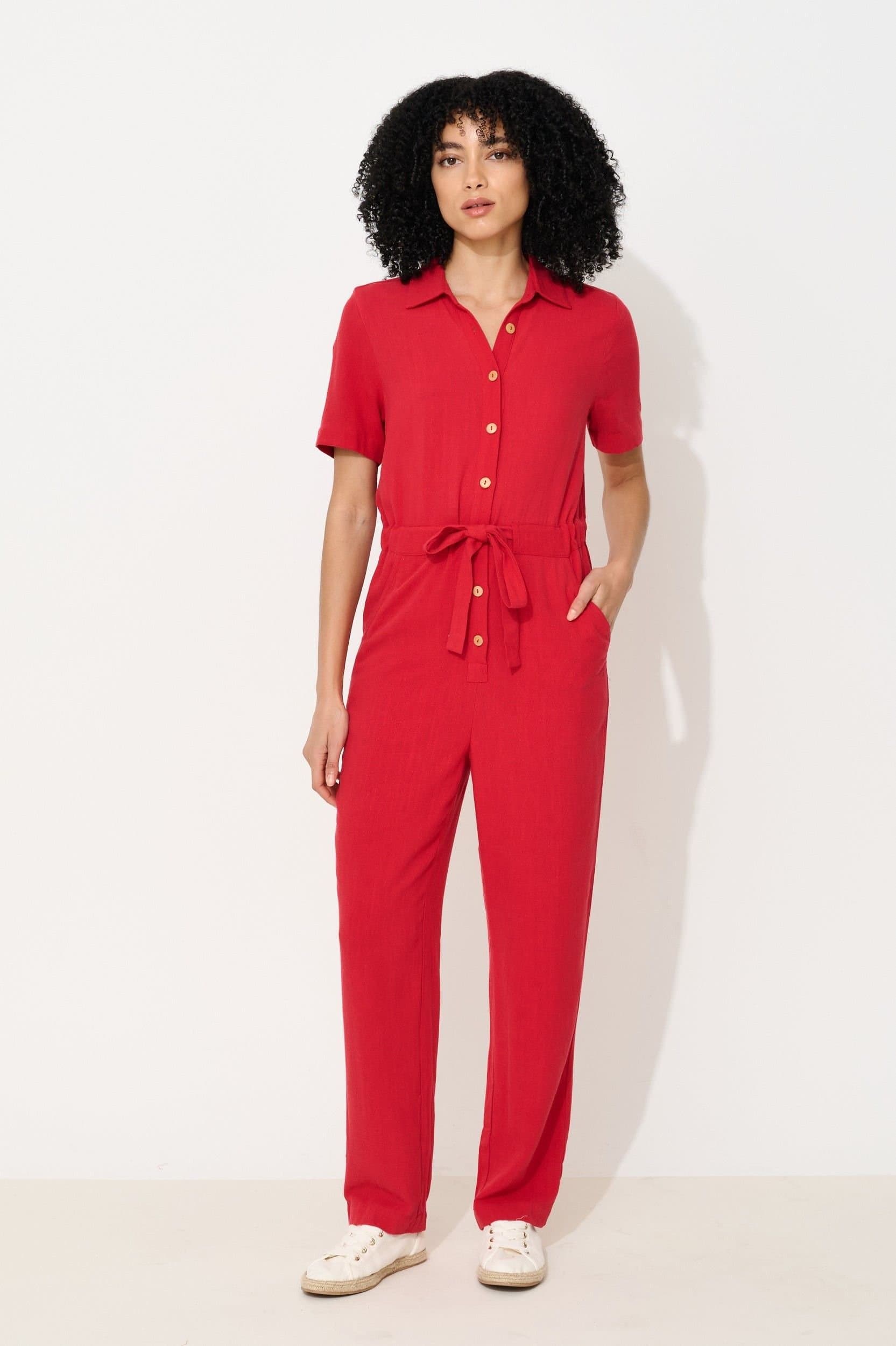 Louche Louche Women's Justin Linen Mix Short Sleeve Jumpsuit - Red