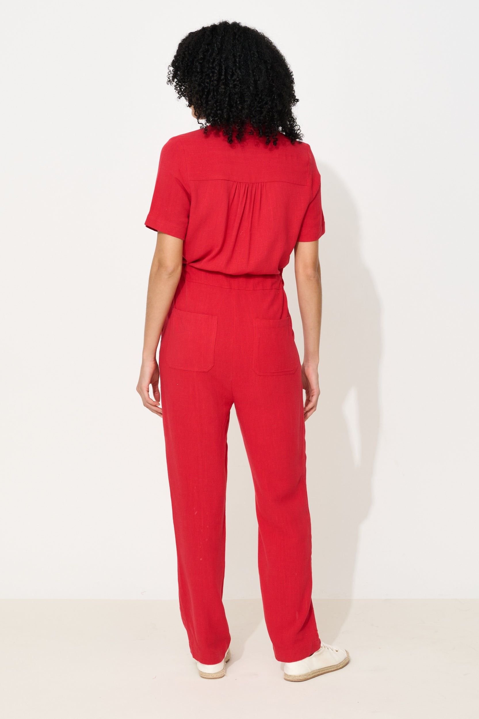 Louche Louche Women's Justin Linen Mix Short Sleeve Jumpsuit - Red - 2