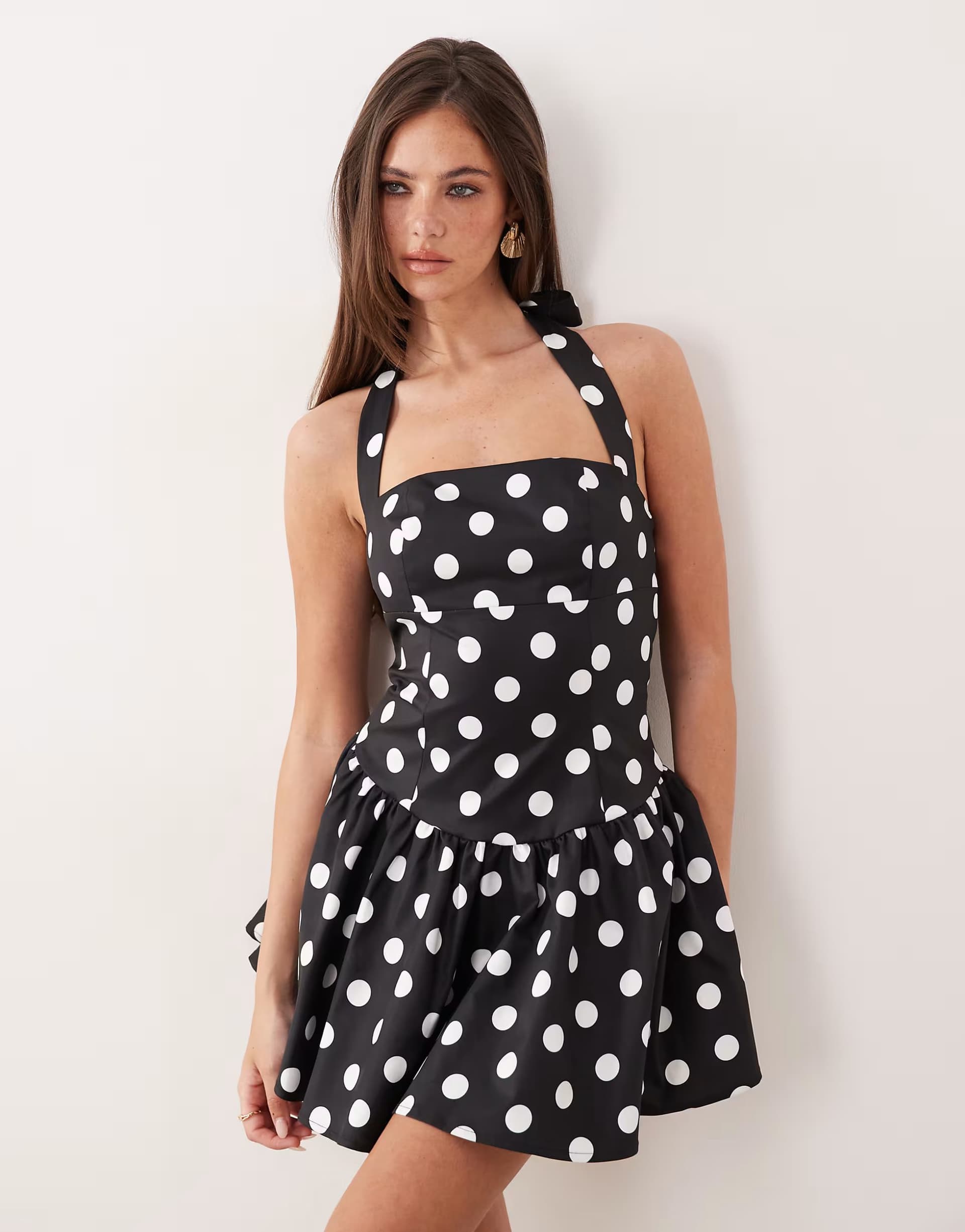 ASOS The Frolic exclusive square neck halter mini dress in black polka dot