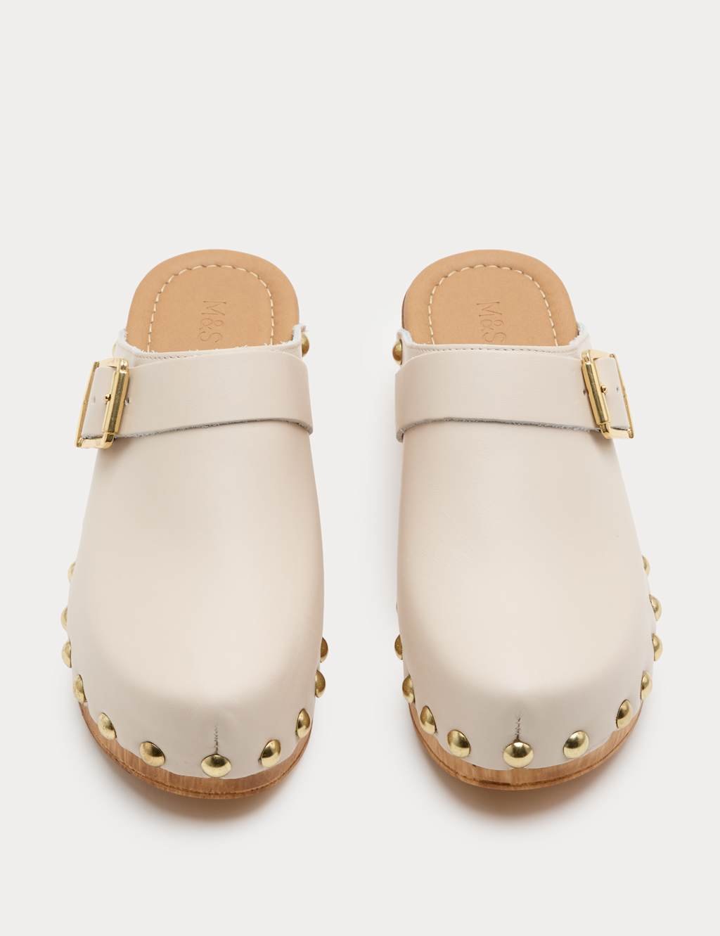 Marks & Spencer M&S Leather Studded Buckle Block Heel Clogs Soft White - 2