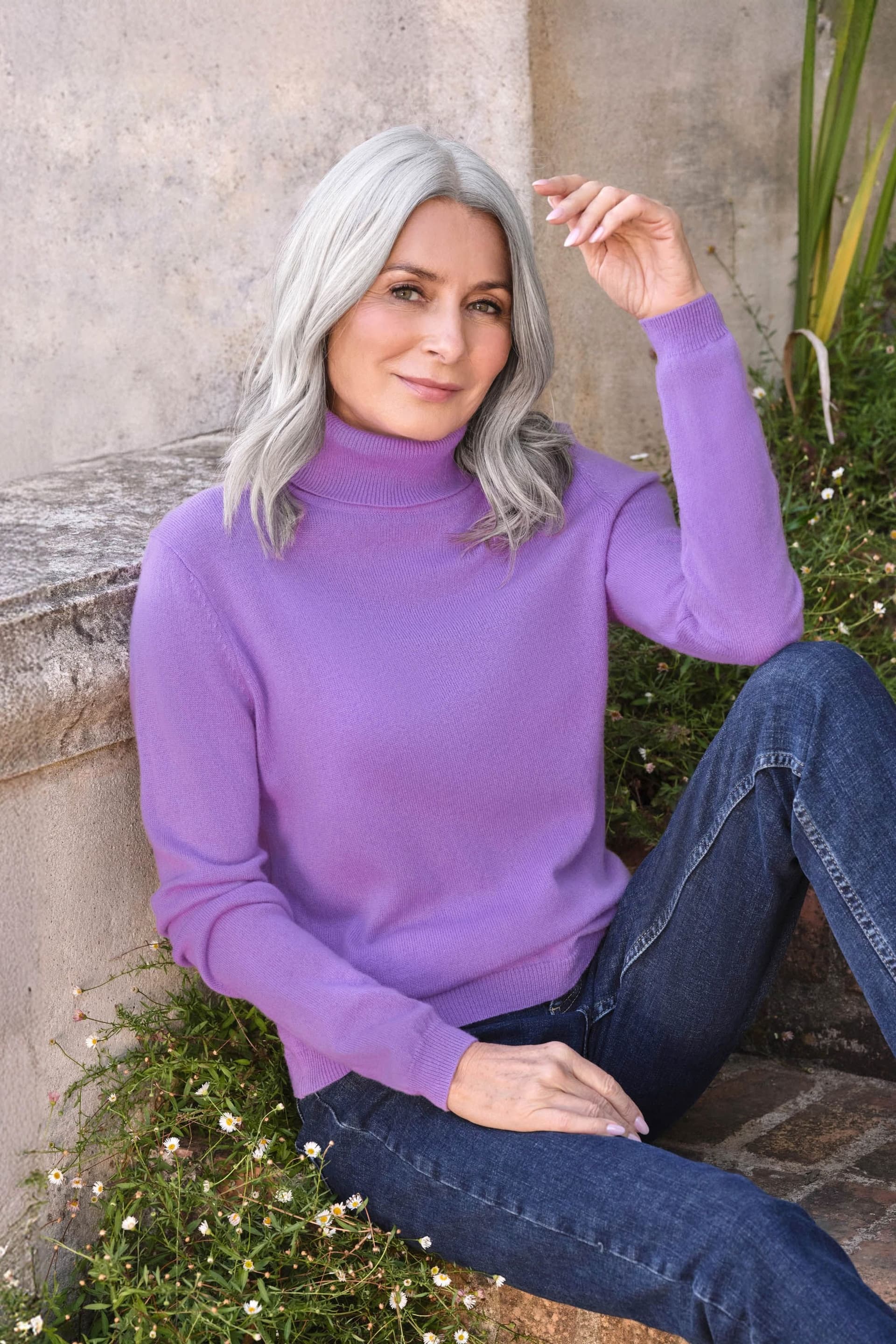 WoolOvers WoolOvers Women's Cashmere & Merino Fitted Polo Neck Jumper in Purple