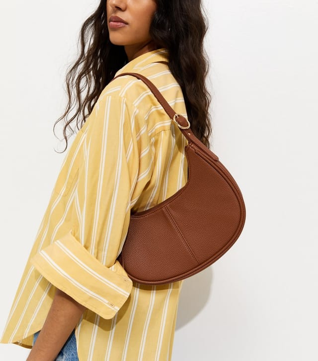 New Look Tan Grained Faux Leather Oval Buckle Shoulder Bag Vegan New Look - 2